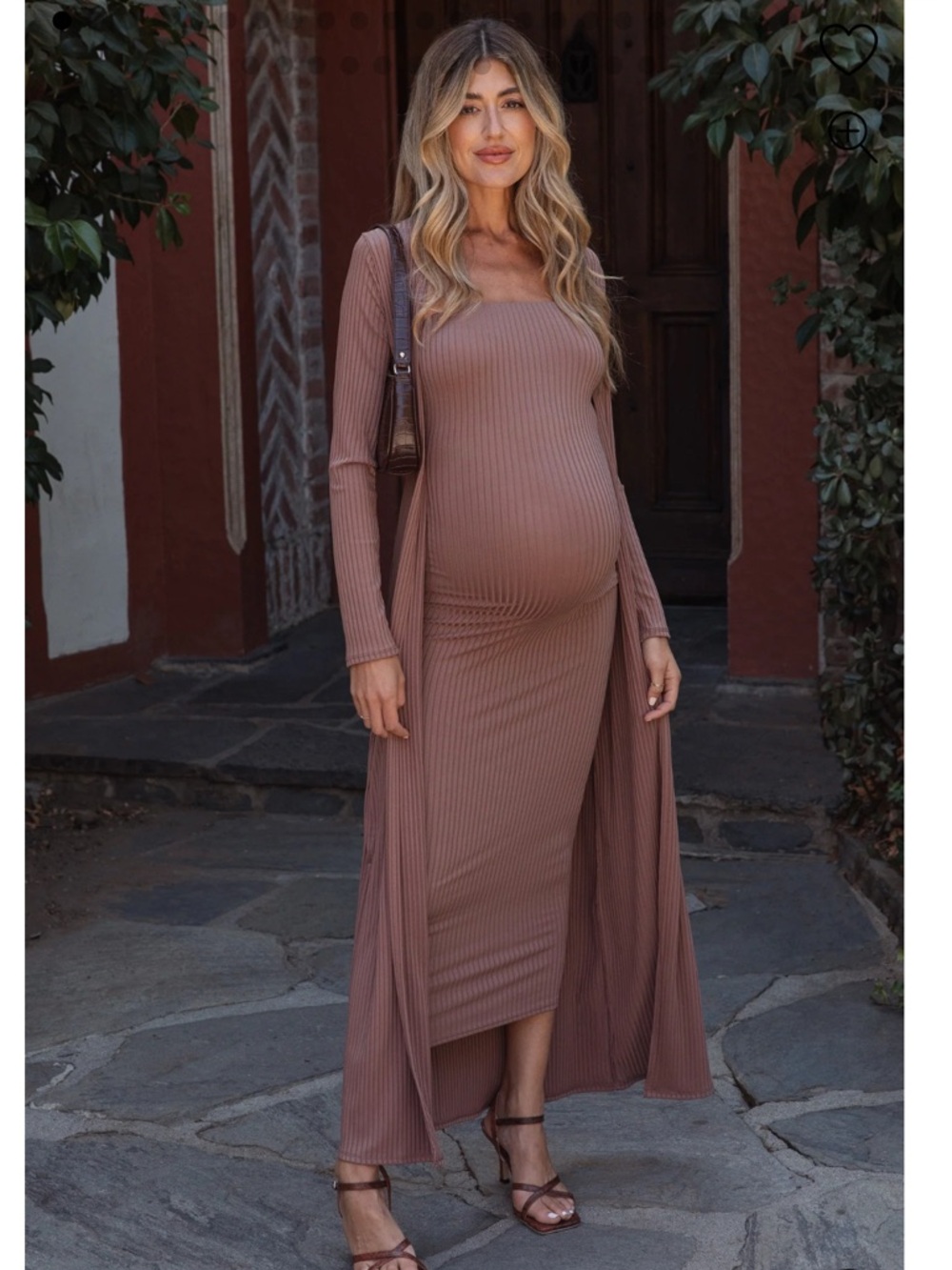 Pinkblush Ribbed Maternity Maxi Dress with Matching Duster - Taupe